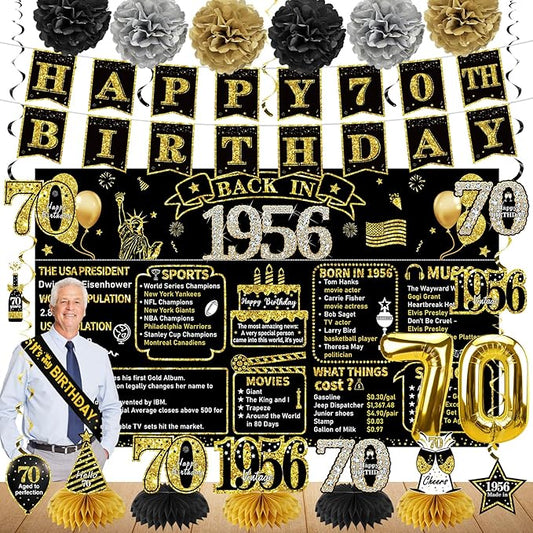 Zirtorei 70th Birthday Decorations for Men Women, 21pcs the Year 1956 Banner Balloon Party Supplies, Black Gold 70 Year Old Birthday Backdrop, 70 Bday Honeycomb Centerpiece Hanging Swirls Sash Gifts