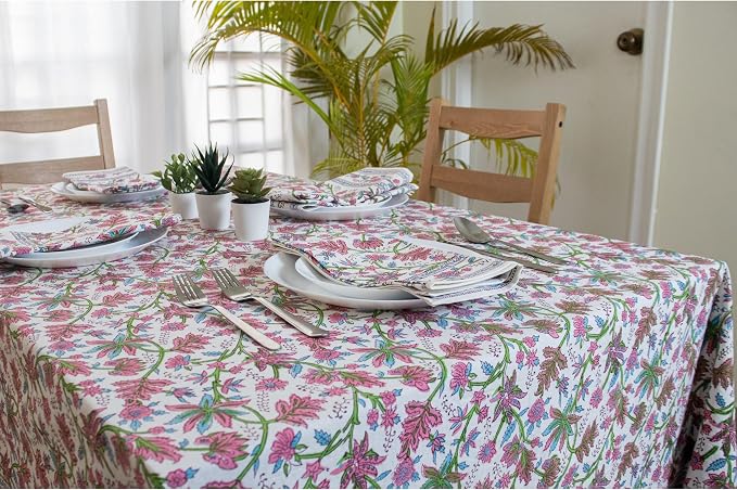 Block Print Table Cloth- Pink 60x108 Inch Rectangle 100% Cotton Handmade Pre-Shrink, Washable for Spring, Kitchen & Dining Perfect for Chirstmas, Patio, Indoor & Outdoor, Farmhouse