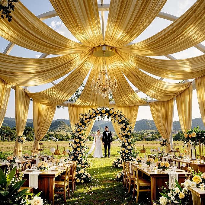 50x20ft Gold Ceiling Drapes, 10 Panels 20ft Height Wrinkle-Free Shimmer Tent Draping Curtains for Wedding Party Tent Canopy Arch Backdrop Decorations