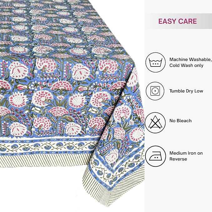 ATOSII Clover Pink 100% Cotton Rectangle Boho Fall Tablecloth, Handblock Floral Table Cloth Linen for Kitchen Dining I Parties Wedding Outdoors Christmas Thanksgiving I 72 X 140 Inches I 12 Seater