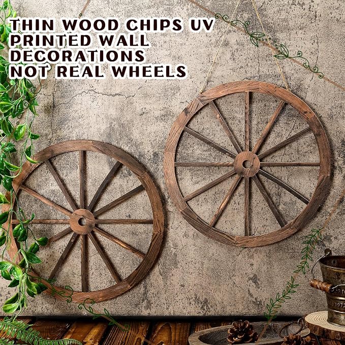 Qunclay 2 Pcs Wagon Wheel Decor Wooden Western Cowboy Party Decorations Vintage Rustic Wagon Wheel Wood Cartwheel Decor for Bar Garage Indoor Outdoor (Brown,12 Inch)