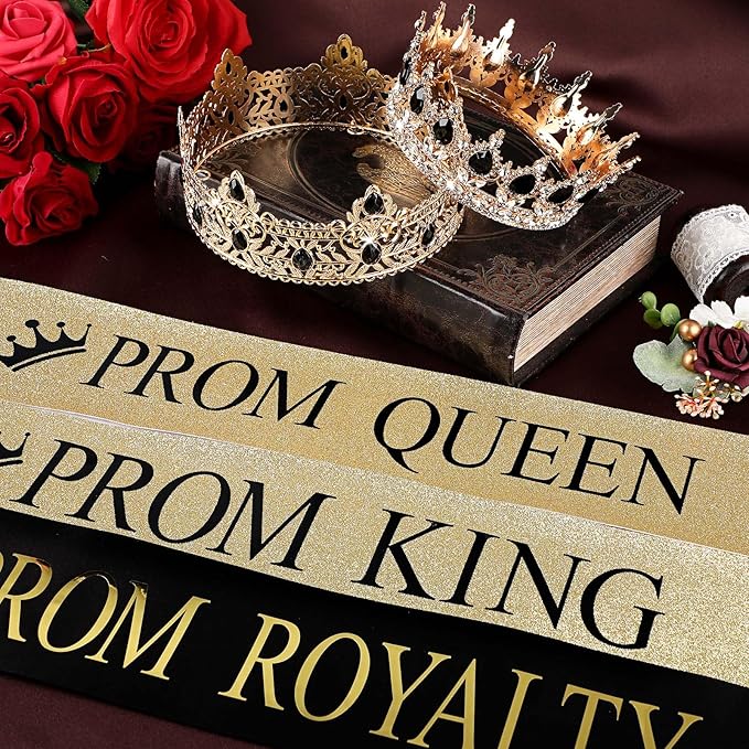 Saintrygo 12 Pcs Prom Crown and Sash Set, Prom King and Queen Tiara Rhinestone Crown Glitter Court Royal Satin Sash for 2026 Graduation Ball Dance Night Party Birthday Accessory(Gold,Elegant)