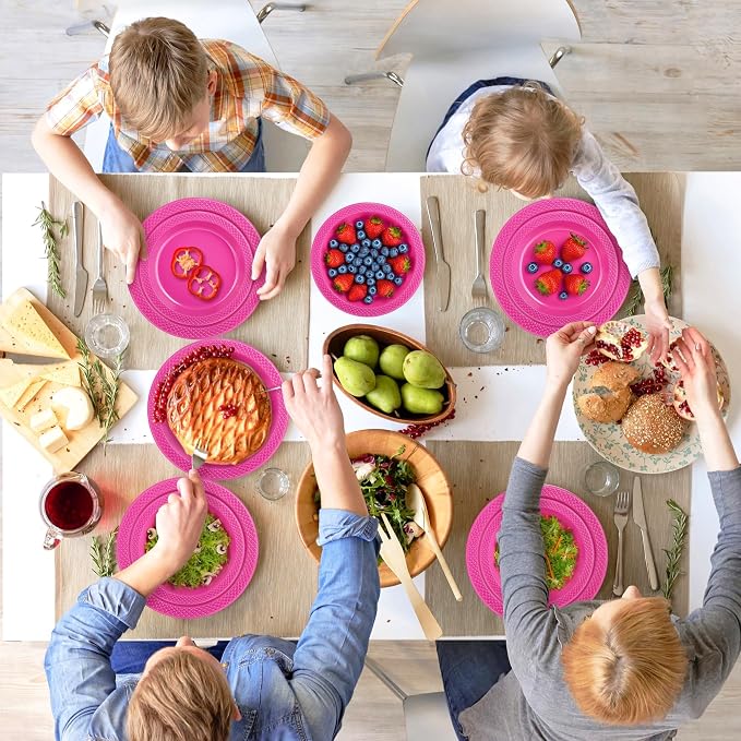 Kochorie 300 Pack Hot Pink Plates 7" & 6" Disposable Plastic Plates Round Dessert Plate Set Food Grade, BPA-Free, Heavy Duty Dinner Tableware for Bulk Party Events, Weddings, Birthdays Supplies