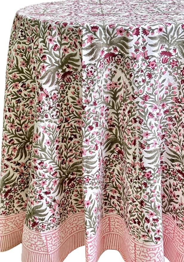 ATOSII Nargis Pink 100% Cotton Round Block Print Summer Tablecloth, Floral Table Cloth Linen for Dining Parties Weddings Outdoors Holidays I 90" Inches Round, 6 Seater I Grandmillennial Farmhouse Boho