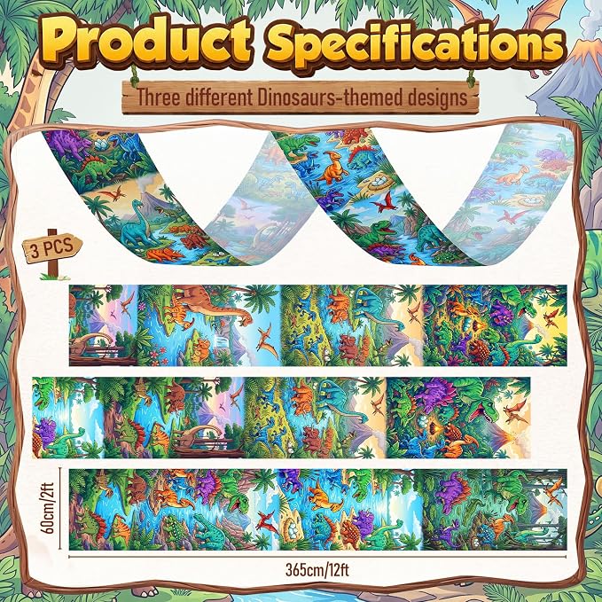 Gilprop 3 Pcs Dinosaur Themed Ceiling Decorations, 2 x 12 ft Hanging Fabric Ornaments, Prehistoric Style Party Supplies for Birthday Baby Shower Classroom Photo Backdrop & Various Events