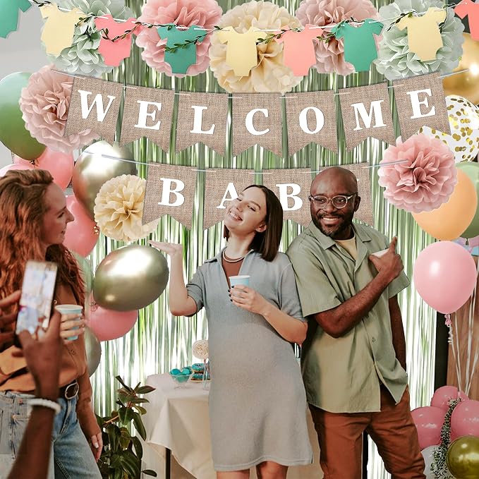 Pink Green Baby Shower Decorations Girls with Welcome Baby Banner, Paper Pom Poms, Sweet-Girl Baby Cake Topper, Retro Olive Pink Metallic Balloon Décor for Easter Jungle Safari Fairy Baby Shower Party