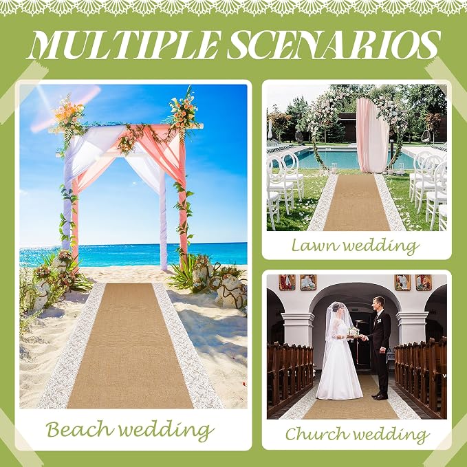 moonoom 20 Ft x 36 in Natural Burlap Wedding Aisle Runner, Rustic Jute Weddings Runway Carpet with Lace, Ceremony Burlap Carpet Roll for Beach Garden Church Reception Craft Decor