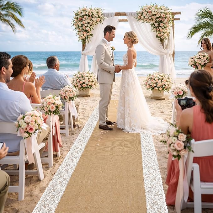 moonoom 15 Ft x 36 in Natural Burlap Wedding Aisle Runner, Rustic Jute Weddings Runway Carpet with Lace, Ceremony Burlap Carpet Roll for Beach Garden Church Reception Craft Decor