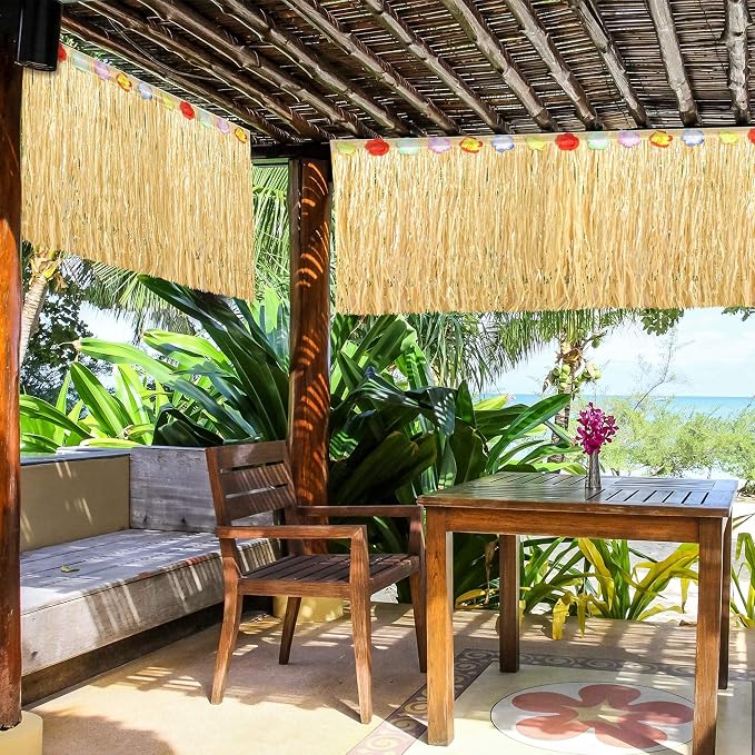 Fovths Luau Grass Table Skirt Natural 9 Feet x 29.5 Inch Hawaiian Table Skirt for Tropical Hawaiian Party Decorations Luau Costume Party, Straw Yellow