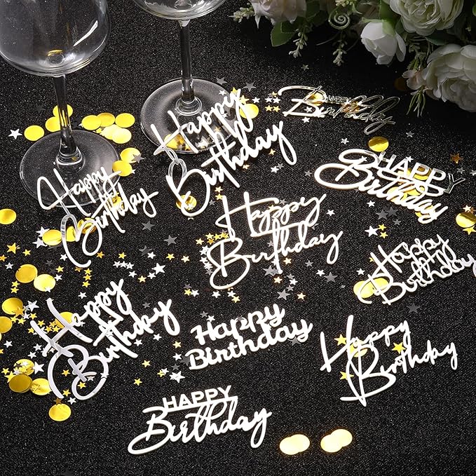 Barydat 50 Pcs Happy Birthday Cake Toppers Bulk Mirror Acrylic Cupcake Topper Cupcake Decorations Happy Birthday Sign for Cake Side Inserts Decor Party Supplies 10 Style (Silver)