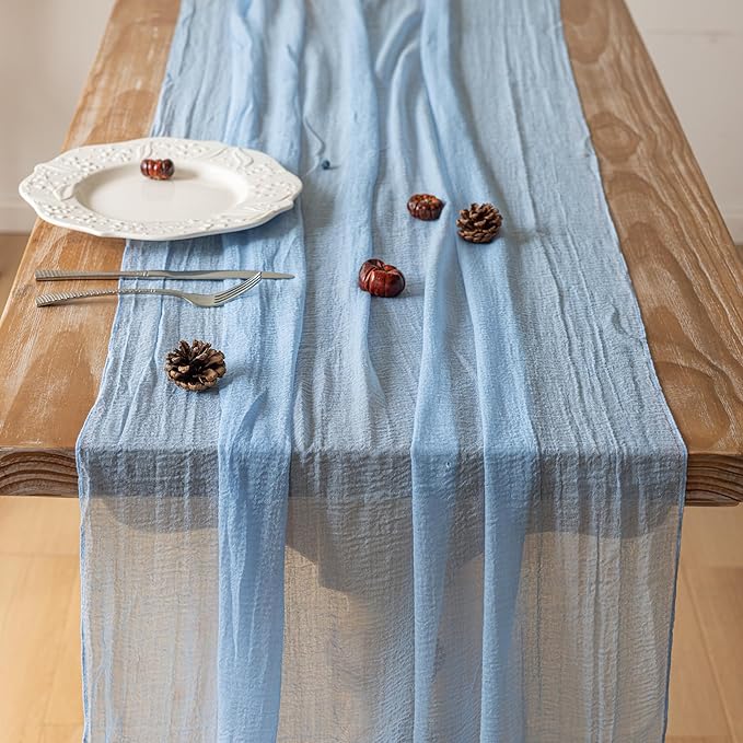 Keketoarrange Spring Table Runner Light Blue Cheesecloth Gauze Rustic Cheese Cloth Table Runner 120 Inch 10 FT for Wedding Baby Shower Bridal Shower Birthday Party Sheer Summer Home Boho Decorations