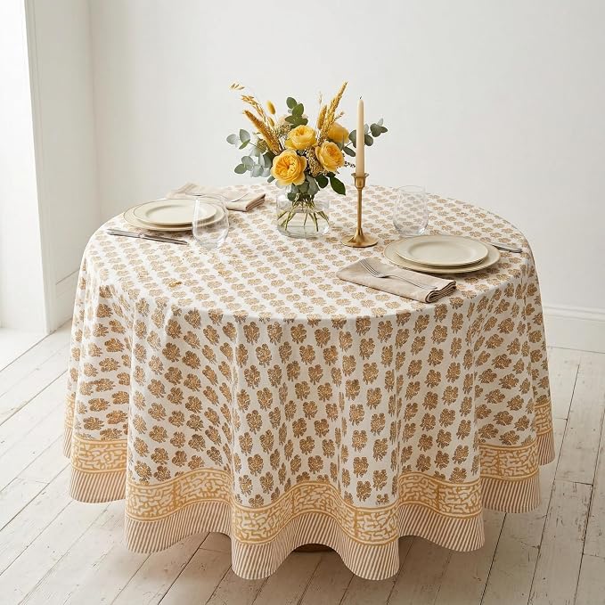 ATOSII Ivy Yellow 100% Cotton Round Boho Fall Tablecloth, Handblock Floral Table Cloth Linen for Kitchen Dining I Parties Weddings Outdoors Picnics Easter Mothers Day I 60" Inches Round I 4 Seater