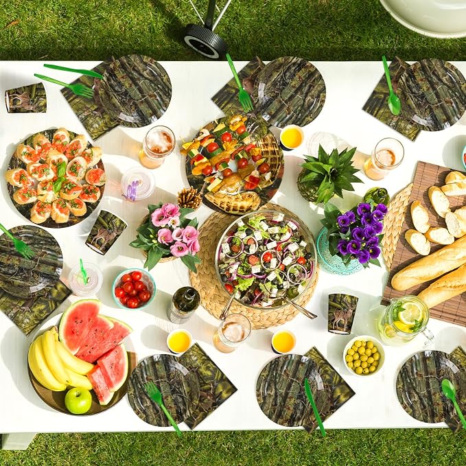 168Pcs Hunting Deer Camo Party Decorations Woodland Deer Plates Napkins Cups Forks Knives Spoons Hunting Themed Tableware Set for Hunter Outdoor Camping Picnic Camouflage Party Supplies Serves 24