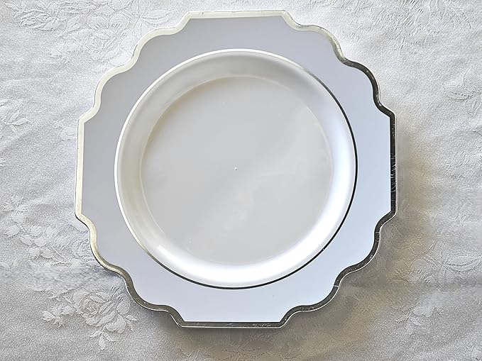 OCCASIONS 240 Heavyweight Disposable Plastic Plates (120 Guests) - Fancy Wedding Party Dinnerware, 120 Each 10.5" Dinner & 8" Dessert (Imperial in White/Blue & Silver)
