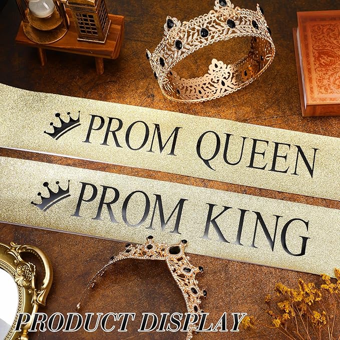 Ferreve 4 Pcs Prom King and Queen Crowns and Sashes Set Graduation Prom King and Queen Tiara Sash for 80's Prom Party Favors(Black)