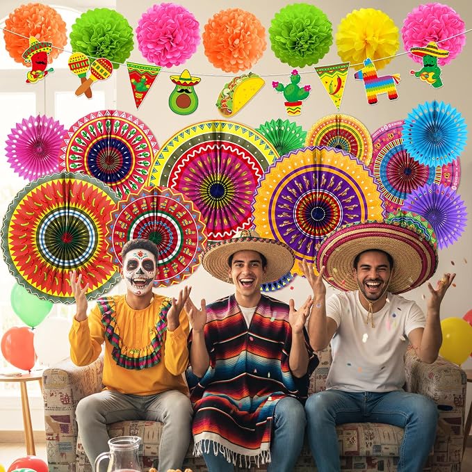 Rakuto Fiesta Party Decorations Set, 18PCS Mexican Taco Theme Colorful Banners and Paper Fans Birthday Decorations, Cinco De Mayo Paper Pom Poms Decor for Wedding Rainbow Party Supplies