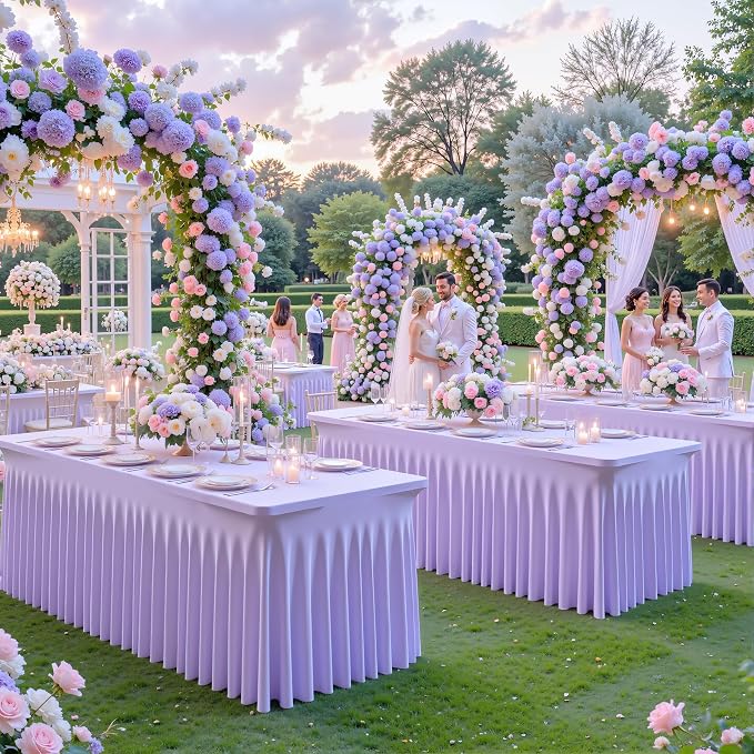 4 Pack Lavender Spandex Tablecloths for Rectangle Tables Light Purple Stretch Table Cloth Rectangle 6ft Lilac Elastic Fitted Table Cover with Skirt for Wedding Birthday Party Banquet Baby Shower