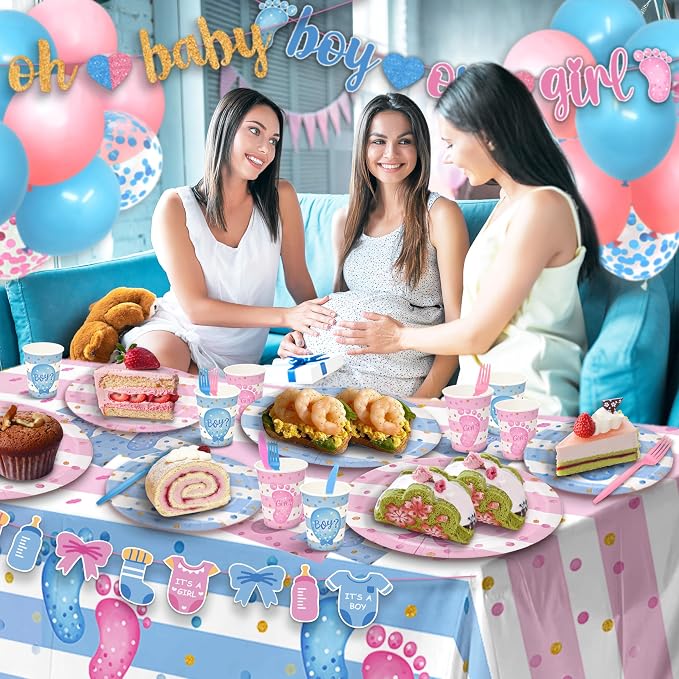 322Pcs Gender Reveal Decorations Kit (Serves 50 Guests) - Girl or Boy Gender Reveal Decorations, Disposable Tableware with Plates & Napkins, Tablecloth, Banner for Baby Shower