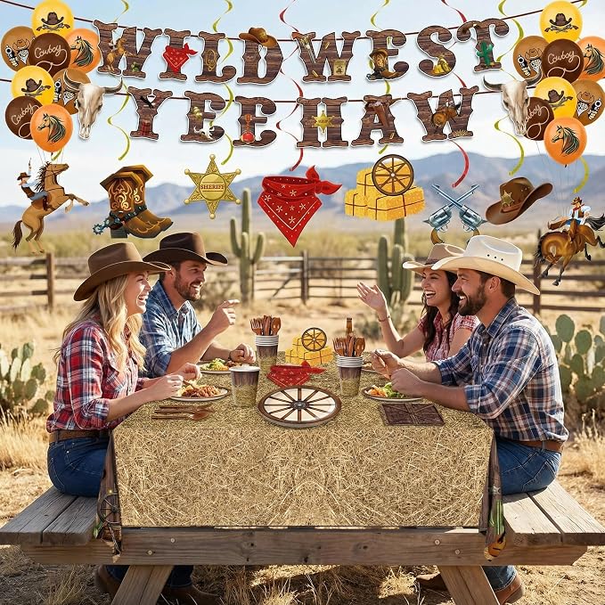 203pcs Western Cowboy Birthday Party Decorations Disposable Tableware Set Include Plates, Napkins, Cups, Cutlery, Balloon, Banner, Hanging Swirl, Tablecloth for Cowboy Birthday Decor Serve 24