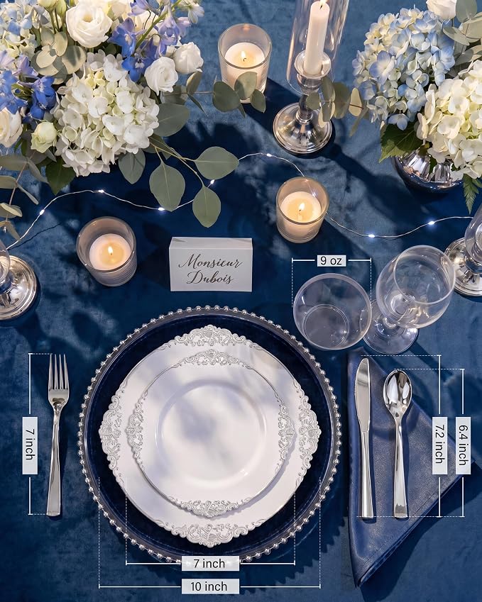 Nervure 600PCS Silver Plastic Dinnerware - White and Silver Disposable Plates for 100 Guests - 200 Disposable Plates, 300 Plastic Silverware and100 Cups for Wedding & Party
