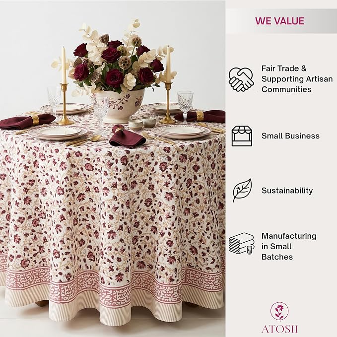 ATOSII Sophia 100% Cotton Round Boho Fall Tablecloth, Handblock Floral Table Cloth Linen for Kitchen Dining I Parties Weddings Outdoors Picnics Easter Mothers Day I 72" Inches Round I 4 Seater
