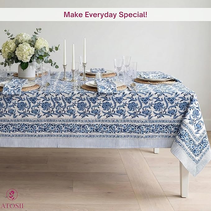 ATOSII Midnight Bloom 100% Cotton Spring Summer Tablecloth, Hand Block Print Rectangle Table Cover for Kitchen Dining Linen I Parties, Outdoors, Wedding, Easter I 72 X 108 Inches I 8 Seater