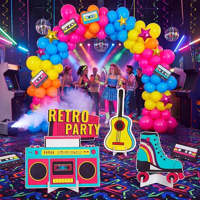 Honoson 4 Pcs 24.4" x 26.6" Large Back to 80s 90s Party Decoration Cardboard Cutouts, Retro Radio Boombox Backdrop Yard Signs for Hip Hop Music Birthday Party Supplies Vintage Photo Booth Props
