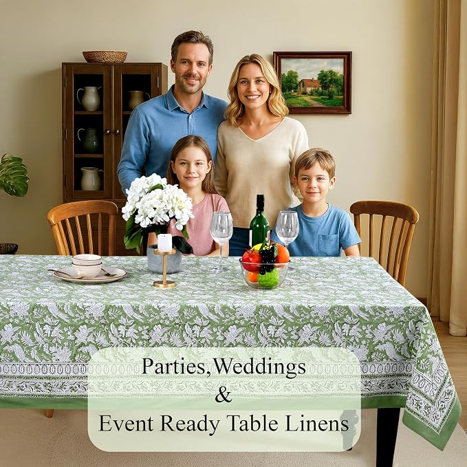 CPC Tablecloth 100% Cotton 70x118 Inch Indian Block Print Rectangle Table Cover, Table Cloth for Weddings, Spring/Summer, Barbeque - Olive Green