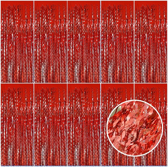 Red Tinsel Foil Fringe Curtains Wavy Backdrop for Parties Sparkle Metallic Wavy Foil Fringe Backdrop Curtain for Party Decorations Photo Booth Props Birthday Graduation Wedding Valentines Decor
