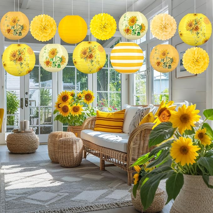 13PCS Sunflower Decor Paper Lanterns Pom Poms Summer Hanging Decor for Home Garden Indoor Outdoor