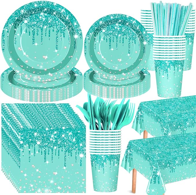 Funnymoom 452 Pcs Teal and Silver Birthday Party Decoration, Glitter Teal Paper Plates and Napkins Cups Tablecloth Cutlery Straws Turquoise Disposable Tableware Set for Women Birthday Supplies