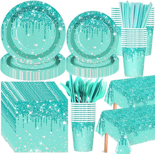 Funnymoom 452 Pcs Teal and Silver Birthday Party Decoration, Glitter Teal Paper Plates and Napkins Cups Tablecloth Cutlery Straws Turquoise Disposable Tableware Set for Women Birthday Supplies