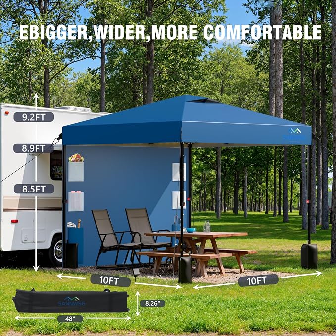 10X10 Pop Up Canopy Tent with Wall,Removable Pockets Sidewall for Extra Storage,Heavy Duty One Person Set Up Event Tent,Easy Up Canopy with One Push Button,Blue