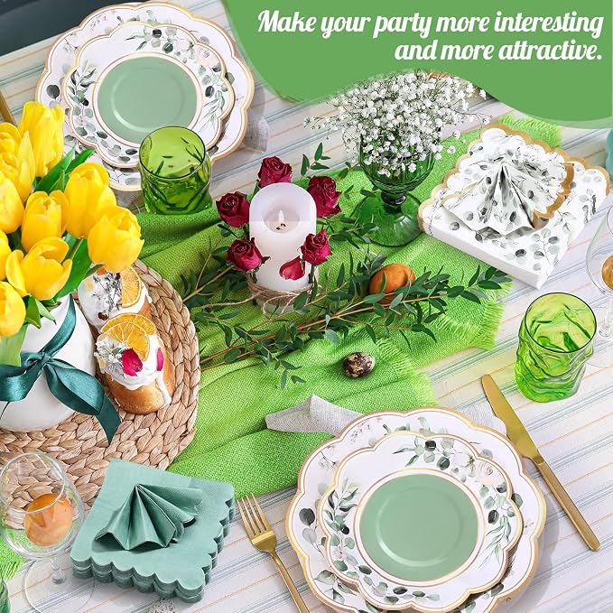 Funnymoom 200 Pcs Eucalyptus Party Supplies Kit Sage Green Disposable Paper Dinner Dessert Plates Luncheon Napkins and Beverage Napkins for Birthday Baby Shower Bridal Shower Wedding Party 50 Guests