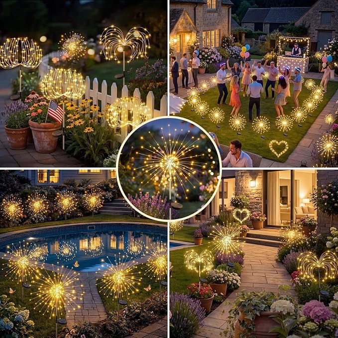 Solar Firework Light, 1 Pack 120 LEDs 8 Lighting Modes Twinkle Solar Garden Lights Outdoor Waterproof for Yard Patio Walkway Pathway Party Wedding Balcony Decorative- Warm White