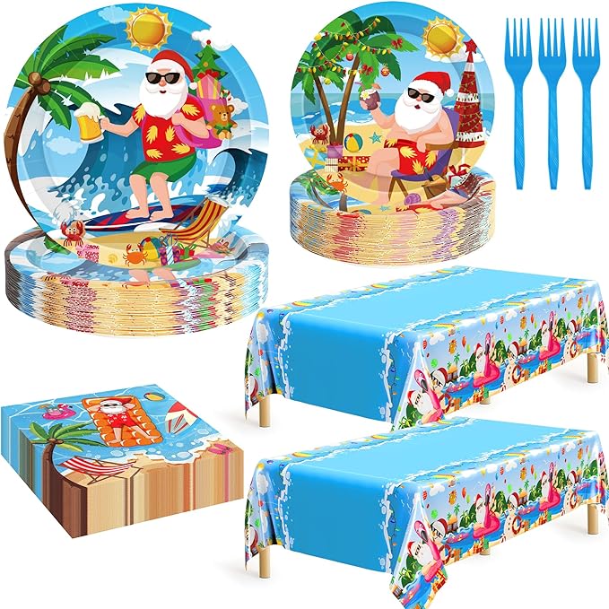 QZYL 122Pcs Summer Christmas Decorations, Tropical Beach Plates Party Supplies, Disposable Xmas in July Plates, Napkins, Cups, Forks and Tablecloth for Beach Pool Party, Serves 30 Guests