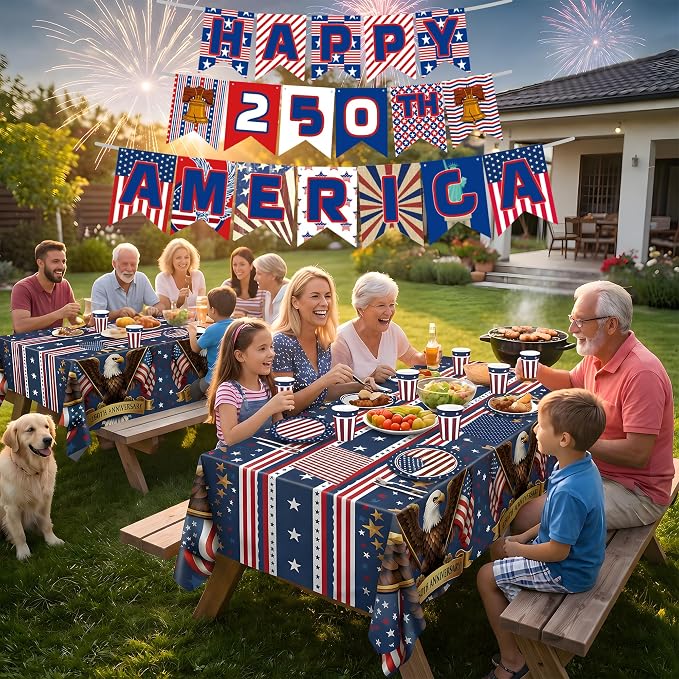 140 Pack 250th Anniversary Decorations- Serve 24 - Patriotic Plates Tablecloth Napkins Cups Banner | 4th of July Accessories for 250th Anniversary Merchandise Home Indoor Outdoor