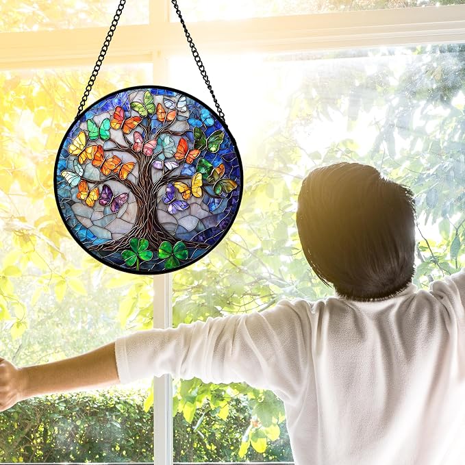 DASTOLL Stained Glass Window Hanging, Butterfly Tree Clover Sun Catchers Glass Panel Blue Suncatcher Decor for Birthday for Women, Men, Wife, Aunt, and Mom 9.8 in