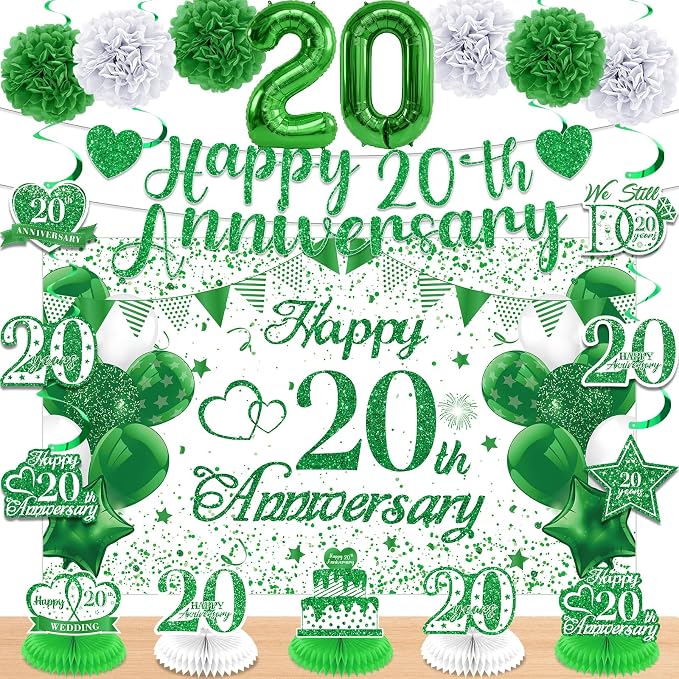 Green 20th Wedding Anniversary Decorations Kit Happy 20th Anniversary Banner Backdrop Table Honeycomb Centerpiece Hanging Swirls Poms Decor for Men Women 20 Years Wedding Anniversaries Party Supplies