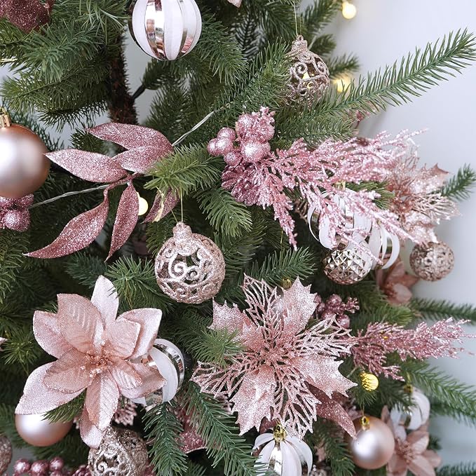 Winlyn 35 Pcs Christmas Artificial Poinsettia Flowers Picks and Artificial Leaves Sprays Rose Gold Glitter Christmas Floral Picks for Rose Gold Christmas Tree Wedding Holiday Decor Centerpiece Wreath
