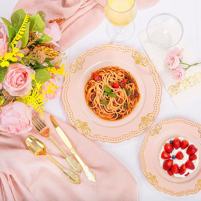 Ciaell 175 PCS Pink and Gold Plastic Plates - Fancy Gold Disposable Dinnerware Set with of 50 Plates, 25 Knives, 25 Forks, 25 Spoons, 25 Cups, 25 Napkins for Party & Weddings & Mother's Day