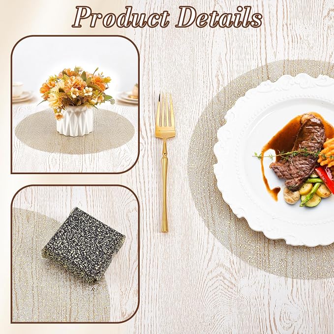 120PCS Disposable Gold Placemats Set, 13 in Black Gold Foil Table Mat Bulk | Metallic Mesh Pressed Round Charger Doilies for Table, Paper Placemats for Wedding Birthday Dining Party Home Decor
