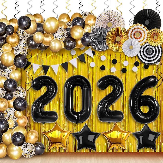 KatchOn, Happy New Years Decorations 2026 Black and Gold Set - Big Pack of 115 | Happy New Year Balloon Arch Kit | Black 2026 Balloons, Fringe Backdrop | New Years Eve Party Supplies 2026