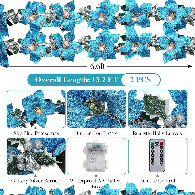 Zubebe 2 Pcs Prelit Poinsettia Christmas Garland with String Lights Glitter Holly Leaves Berries Remote Timer 8 Modes 6.5 ft Lighted Flower Garland Battery Operated Indoor Outdoor Decor(Light Blue)