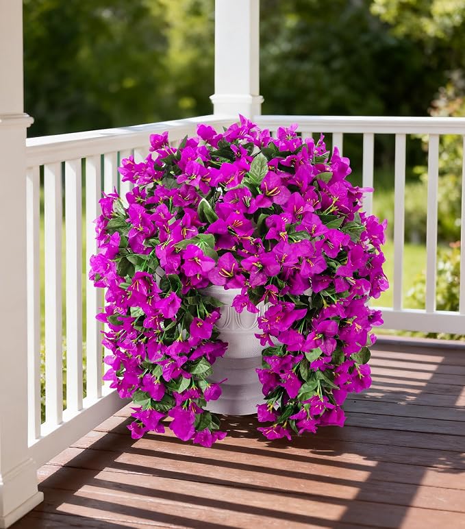 Faux Bougainvillea Artificial Flowers Plants for Outdoors Outside Decoration, 2 pcs Purple Fake Flowers UV Resistant Look Real Silk Long Trailing Vines for Front Door Porch Planter Urn Patio Garden