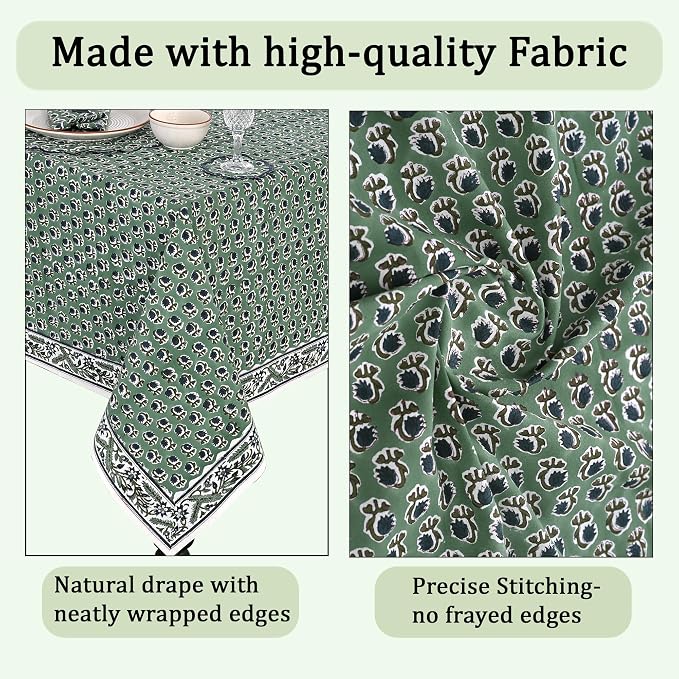 Ridhi Basil Green Hand Block Print Cotton Rectangle Tablecloth 108" x 70" inches Reusable Table Cover Decorative Everyday Use for Dining Room, Farmhouse, Home Gift for Spring, Mother's Day
