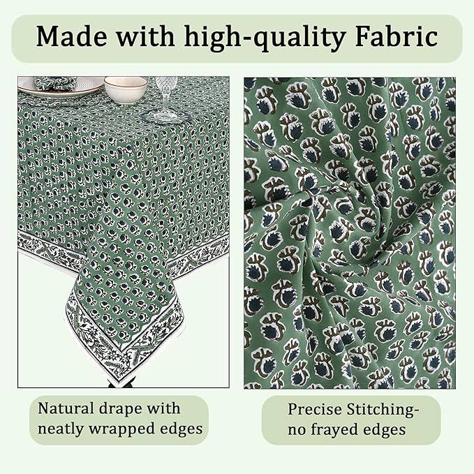 Ridhi Basil Green Hand Block Print Cotton Rectangle Tablecloth 190" x 72" inches Reusable Table Cover Decorative Everyday Use for Dining Room, Farmhouse, Home Gift for Spring, Mother's Day