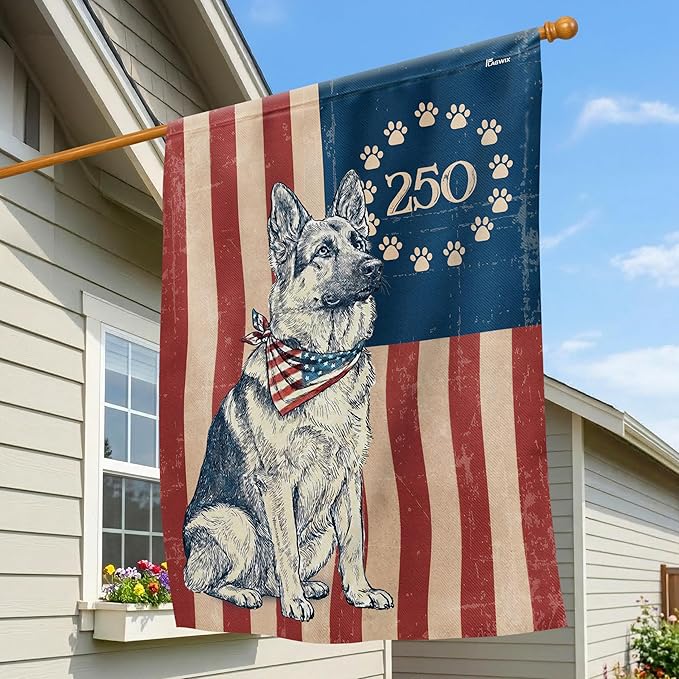 FLAGWIX American 250 Anniversary German Shepherd Flag - Polyester Double-sided House Flags For Outside (29.5" x 39.5") - 4th of July Decorations for Home Yard Garden Decor Banner, Gifts For Men Women