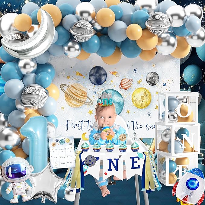 First Trip Around The Sun Birthday Party Decorations for boy 1st Birthday Supplies First Trip Around The Sun Backdrop Balloons Garland Monthly Photo Banner Space Theme Party Decor