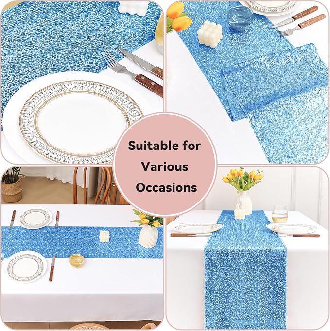 Sugargirl 10 Packs 12 x 72 inches Sequin Table Runner, Glitter Blue Table Runner for Birthday Party Supplies Wedding Holiday Celebration Event Decorations